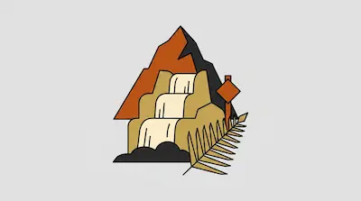 Flat illustration of Sutherland Falls with cascading white tiers, mountain cliff, and clouds