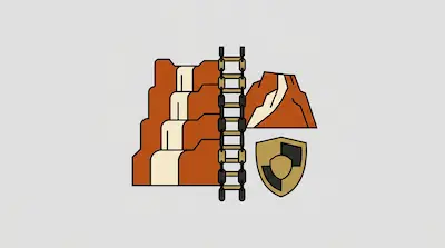 Tugela Falls illustrated with striated rock formations, cascading white water, a protective shield emblem, in orange tones