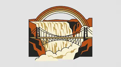 A suspension bridge spans a waterfall with a rainbow arching above it in a stylized, earth-toned graphic.