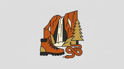 Yosemite Falls shown with hiking boot, rocky cliffs, cascading water, evergreen tree, and rope in orange and cream tones
