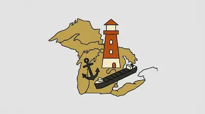 A tan map of Michigan featuring a lighthouse, an anchor, and a freighter.