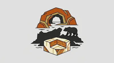 Apostle Islands illustration featuring rocky terrain, an exposed rock formation, and wildlife in earthy tones