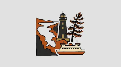 Georgian Bay shoreline with evergreen forest, striped lighthouse, sea turtle, and water inlet