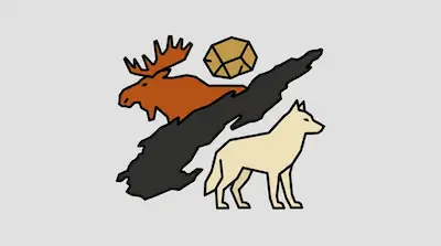 Flat illustration of Isle Royale featuring moose, wolves, and precious minerals in warm earth tones