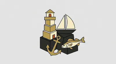 A lighthouse, sailboat, anchor, and fish are grouped together in a minimalist, geometric style.