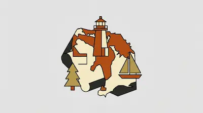 A lighthouse, sailboat, and pine tree arranged over a stylized map in shades of brown and tan.