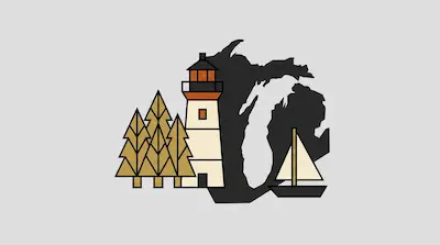 Stylized icons of pine trees, a lighthouse, and a sailboat are arranged in front of a dark gray silhouette of Michigan.