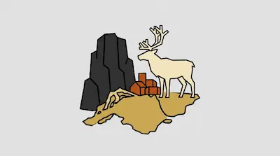Flat illustration of Lake Nipigon with regional map, caribou, rocky formation, and settlement in tan tones