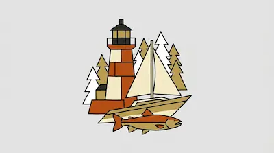 A lighthouse, a sailboat, a fish, and evergreen trees are depicted in a stylized arrangement of orange, tan, and white.