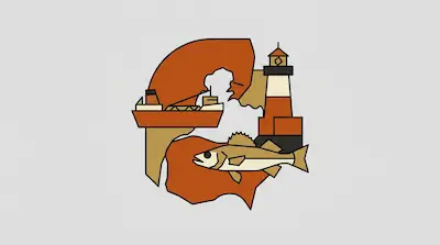 Flat illustration of Lake St. Clair with a cargo ship, lighthouse, and walleye fish