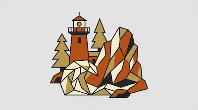 A stylized lighthouse stands beside pine trees and a rocky cliff with a crashing wave in the foreground.