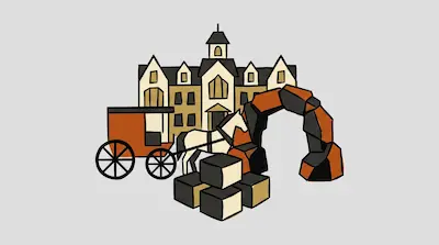 Flat illustration of Mackinac Island with Victorian hotel, horse-drawn carriage, and stone arch