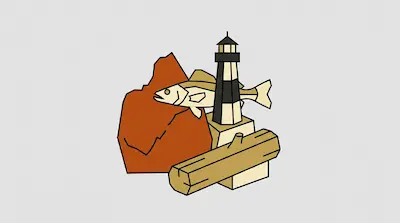 Flat illustration of Saginaw Bay with white lighthouse, yellow fish, and wooden dock structure