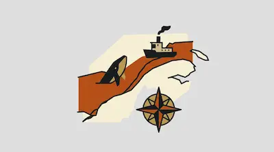 Flat illustration of St. Lawrence River with sailing ship, fortified building, and border