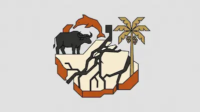 Amazon Delta map illustration featuring a leaping dolphin, palm tree, and winding waterways in cream and orange