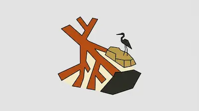 A black bird stands on a tan rock next to a large orange branch-like structure and a dark geometric shape.
