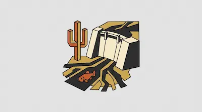 Flat illustration of Colorado River Delta with layered sediment cross-section, cactus, and desert fish