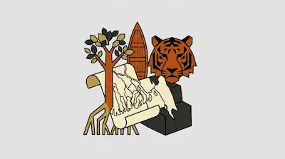 A collection of stylized icons including a mangrove tree, a map of a river delta, a wooden boat, and a tiger's head.