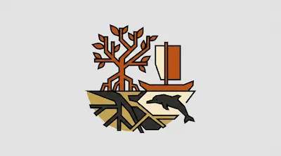 Flat illustration of Indus River Delta with branching tree, sailboat, and dolphin in tan and orange tones