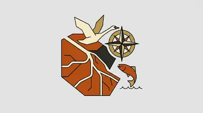 Flat illustration of the Lena Delta with branching waterways, compass rose, and sailing ship