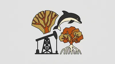 Flat illustration of Mahakam Delta with mangrove forests, branching waterways, and dolphin