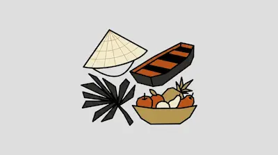 A conical hat, a small boat, a palm leaf, and a bowl of fruit.