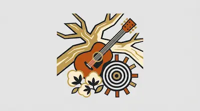 An acoustic guitar is surrounded by stylized tree branches, cotton bolls, and a circular gear-like object.