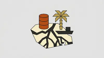 Niger Delta with branching river channels, oil barrel, and natural resource symbols on cream