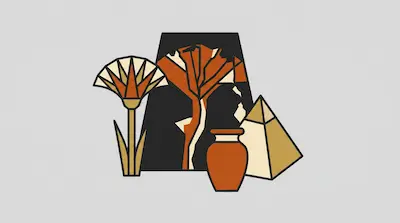 A stylized graphic of a papyrus plant, a clay vase, and a pyramid in earth tones.