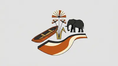 An elephant, a canoe, and papyrus plants are arranged above a winding river shape.