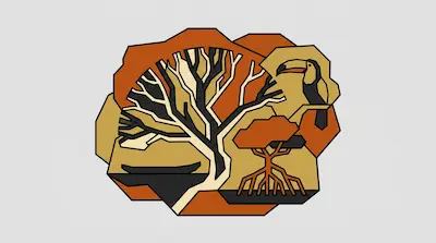 Orinoco Delta with branching river channels, tree with root system, and toucan bird