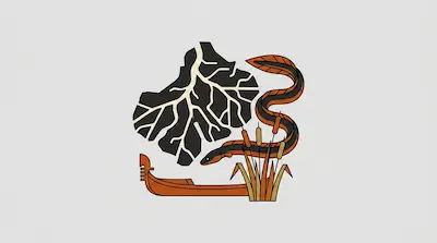 Po Delta with branching river channels, aquatic snakes, reeds, and traditional boat