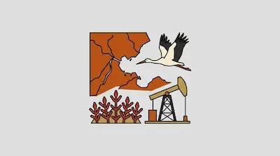 Yellow River Delta illustrated with a crane in flight, oil pump jack, salt marshes, regional map, in orange and red tones
