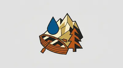 A geometric graphic featuring a blue water droplet, an orange rowboat, a pine tree, and mountain peaks.
