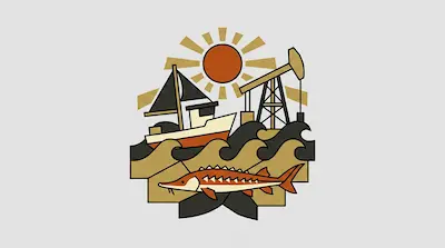 A stylized graphic of a sun, a fishing boat, and an oil derrick above waves with a sturgeon fish in the foreground.