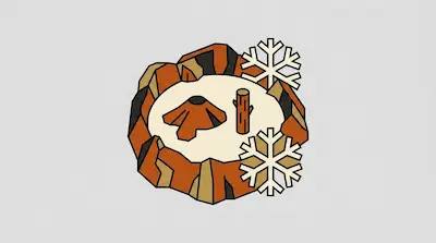 Flat illustration of Crater Lake with volcanic crater rim, forest trees, and snowflakes above