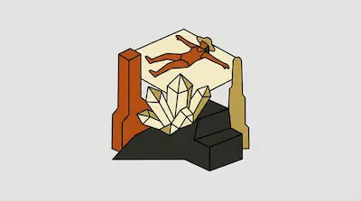 A person in a swimsuit and sun hat lies on a flat platform above a cluster of crystals and dark geometric shapes.