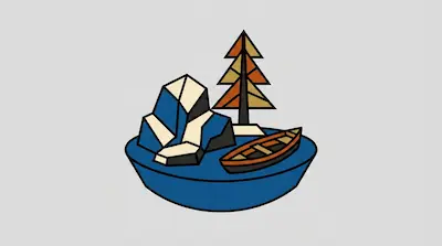 A geometric mountain, an orange tree, and a small canoe in a blue bowl of water.
