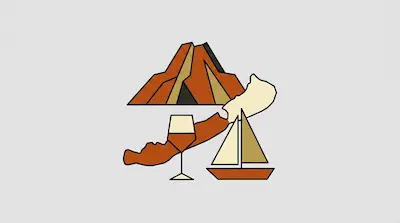 Flat illustration of Lake Balaton with tiered cone shape, sailboat, and shore landscape in orange and cream