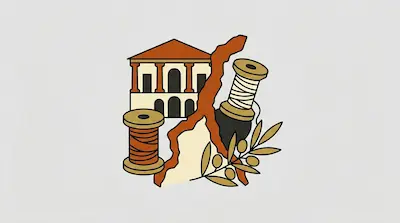 Flat illustration of Lake Como with classic villa, irregular shoreline, and olive branch in warm tan tones