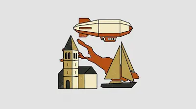 Flat illustration of Lake Constance with church tower, airship, sailboat, and regional shoreline outline