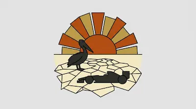 Flat illustration of Lake Eyre with pelican, sunrise, cracked salt surface, and outback vehicle in tan tones