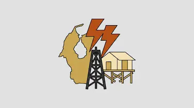 Flat illustration of Lake Maracaibo with Venezuela map outline, lightning strikes, oil derrick, and stilt houses