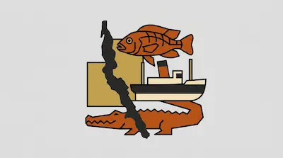 Flat illustration of Lake Tanganyika with a cargo ship, large fish, and crocodile