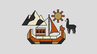 A stylized boat, mountains, a sun, and a llama rendered in a geometric, flat design.