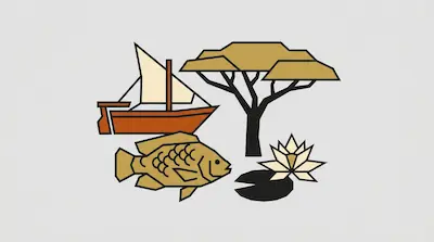 A stylized sailboat, acacia tree, fish, and water lily.