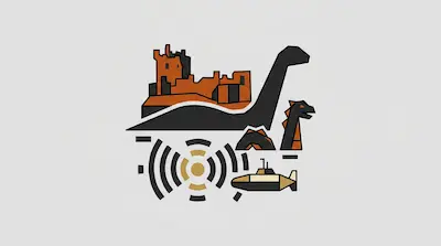 Flat illustration of Loch Ness with castle, famous creature, submarine, and sonar ripples