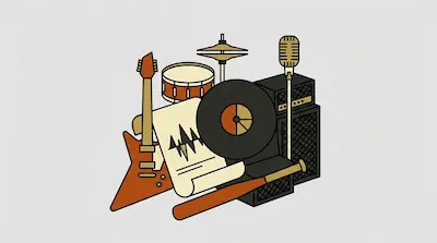 A collection of musical instruments, an amplifier, a vinyl record, and a baseball bat.