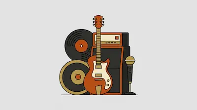 A stylized electric guitar, amplifier, two vinyl records, and a microphone arranged together.