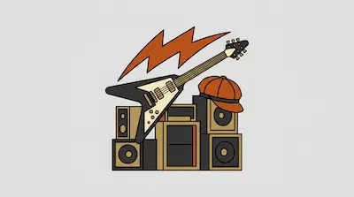 A Flying V guitar leans against a stack of speakers and amplifiers next to an orange newsboy cap, with an orange lightning bolt behind them.